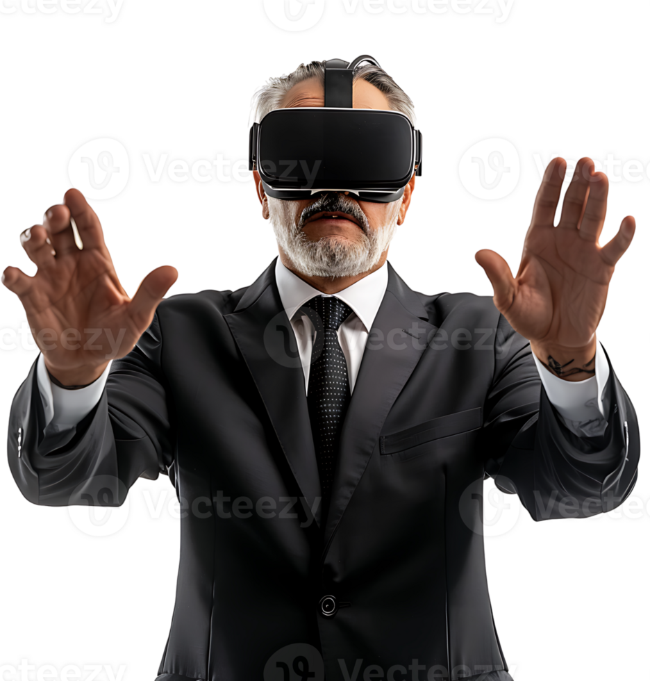 Confident male businessman wearing vr headset on isolated transparent background png