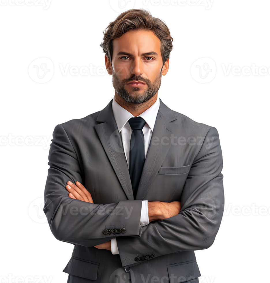 Businessman in black suit smiling towards camera on isolated transparent background png
