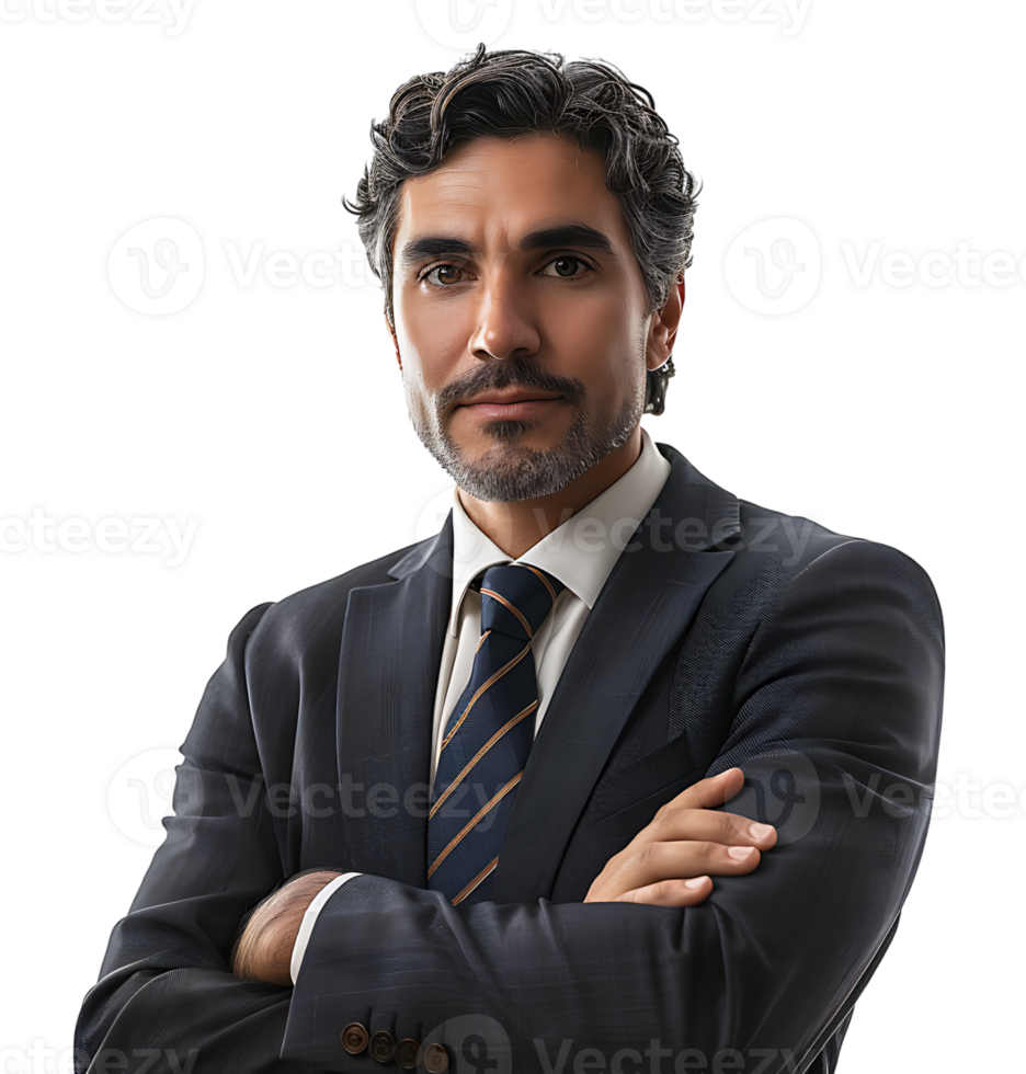 Businessman in black suit smiling towards camera on isolated transparent background png