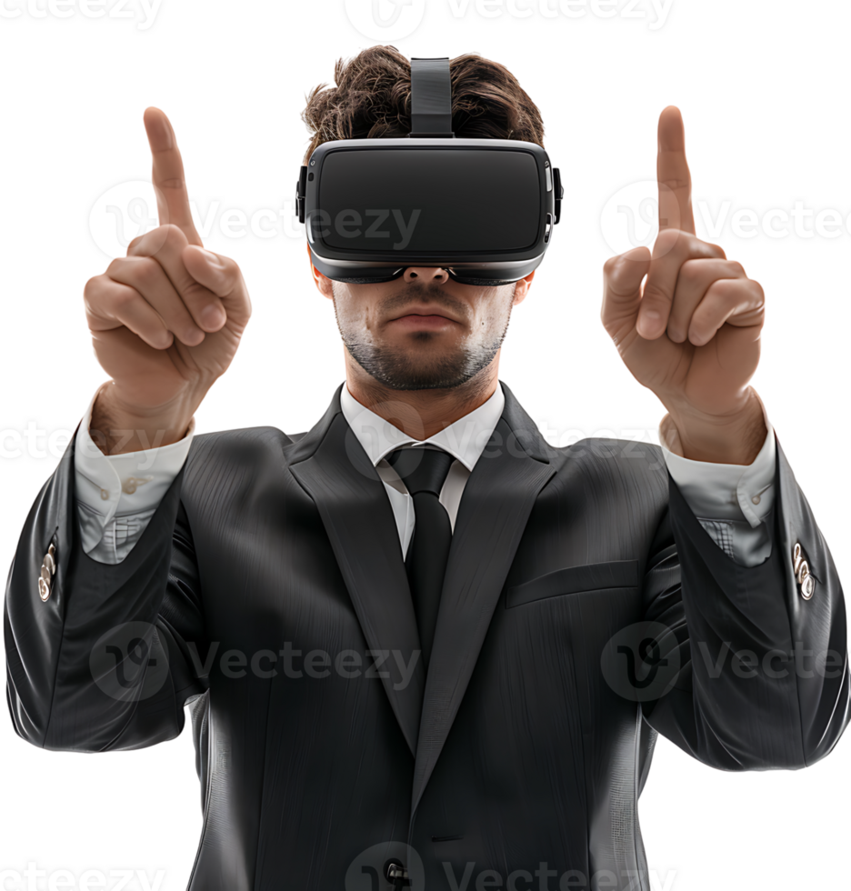 Confident male businessman wearing vr headset on isolated transparent background png