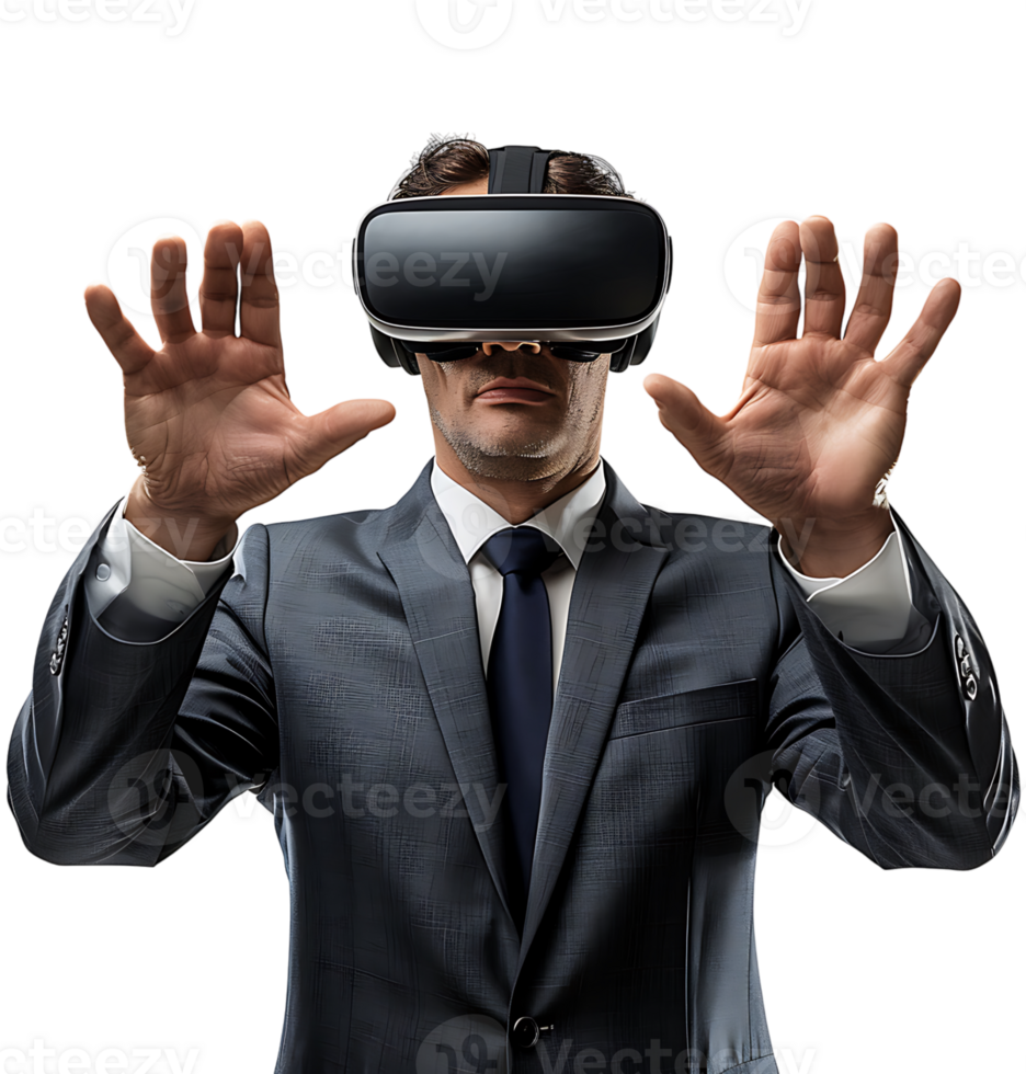 Confident male businessman wearing vr headset on isolated transparent background png