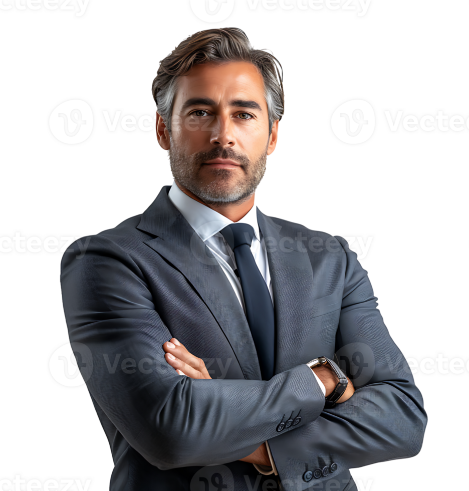 Businessman in black suit smiling towards camera on isolated transparent background png