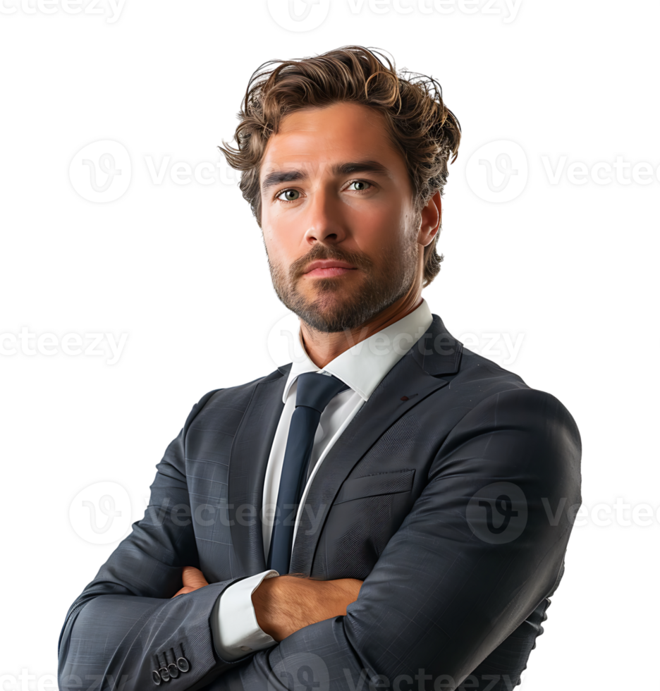 Businessman in black suit smiling towards camera on isolated transparent background png