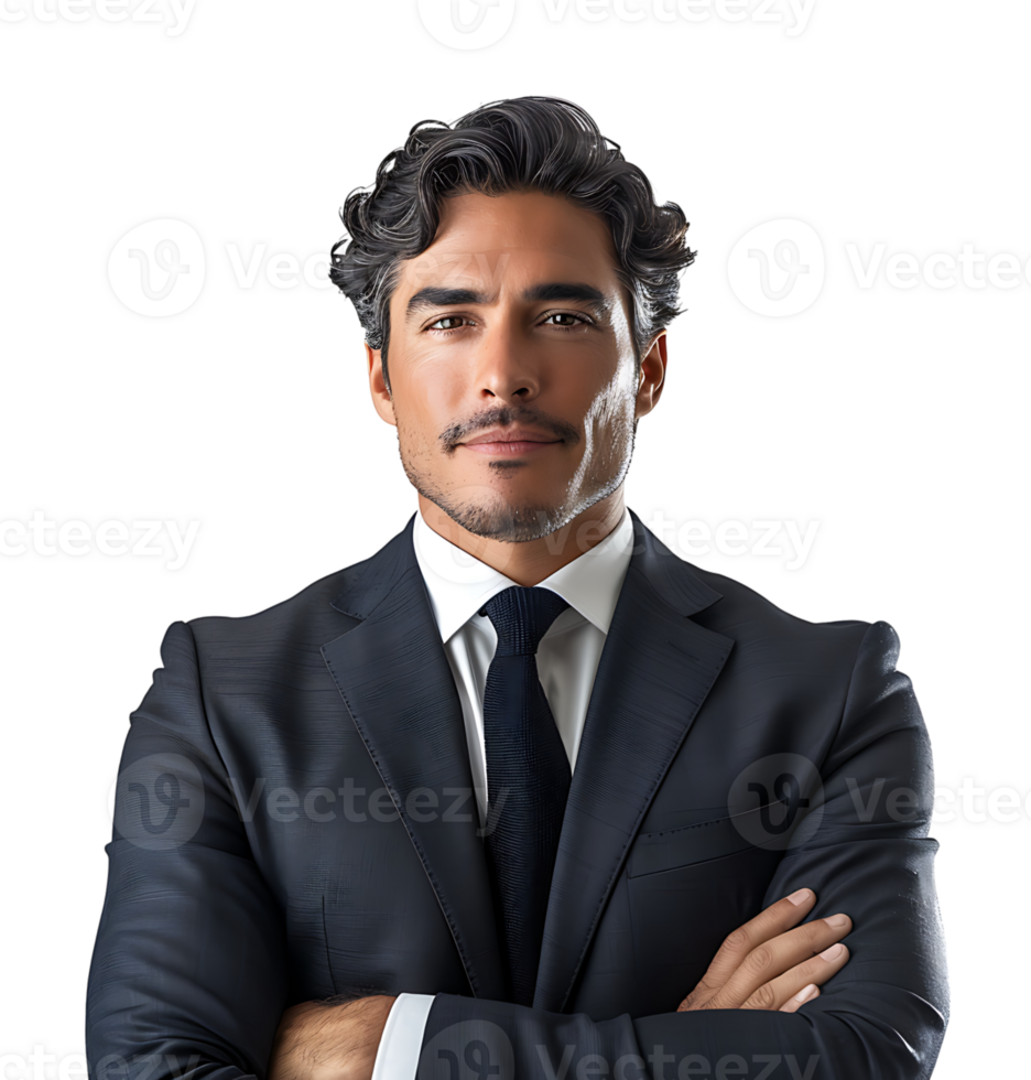 Businessman in black suit smiling towards camera on isolated transparent background png