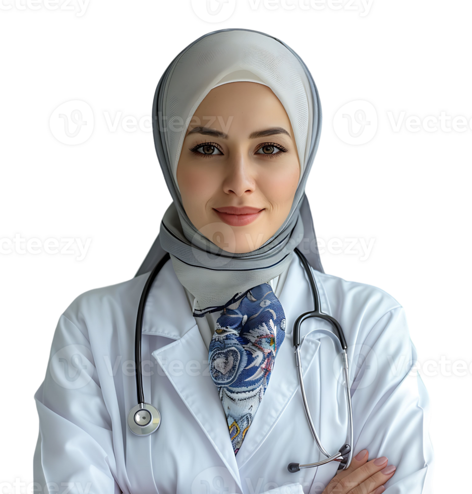 Smiling muslim female doctor in white coat with hijab on isolated transparent background png