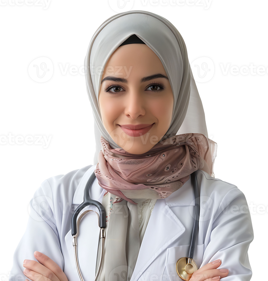 Smiling muslim female doctor in white coat with hijab on isolated transparent background png