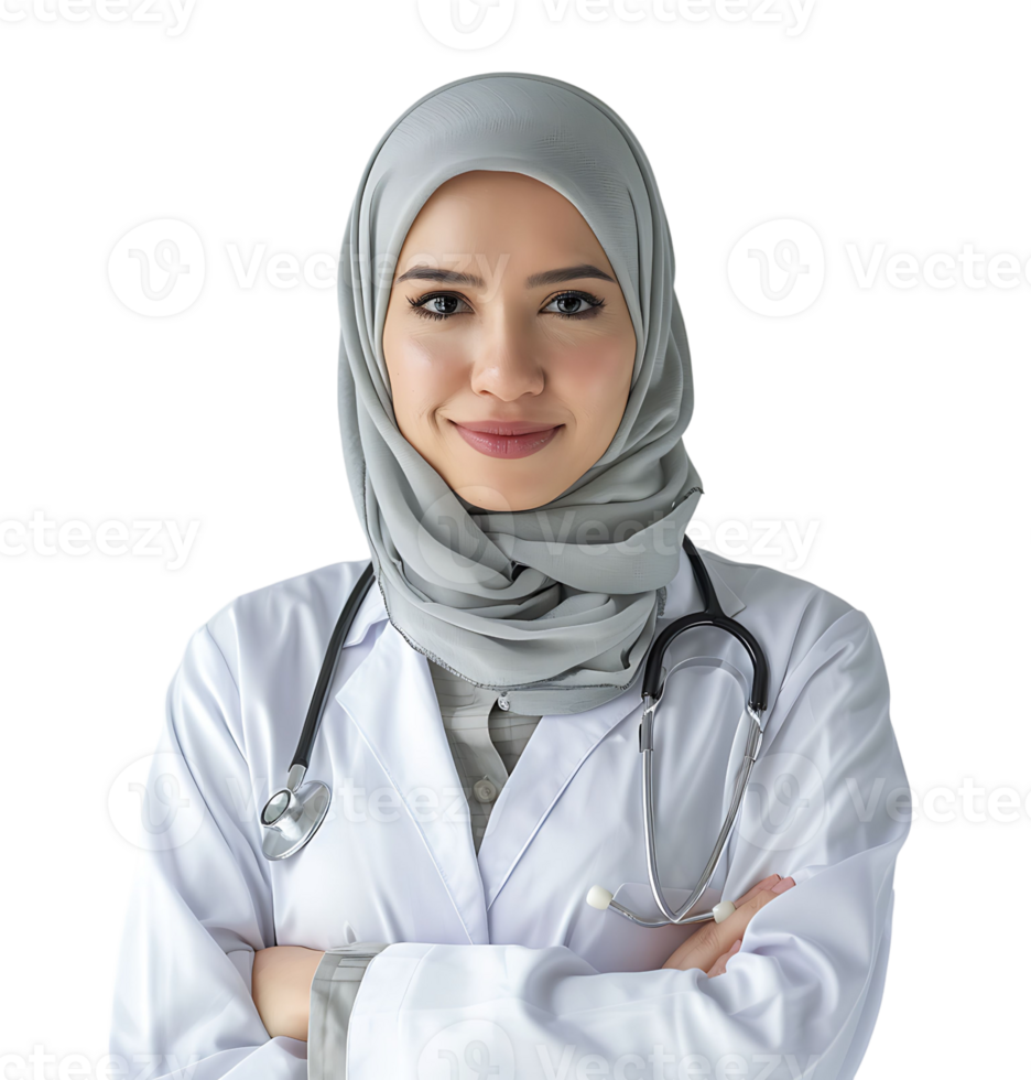 Smiling muslim female doctor in white coat with hijab on isolated transparent background png