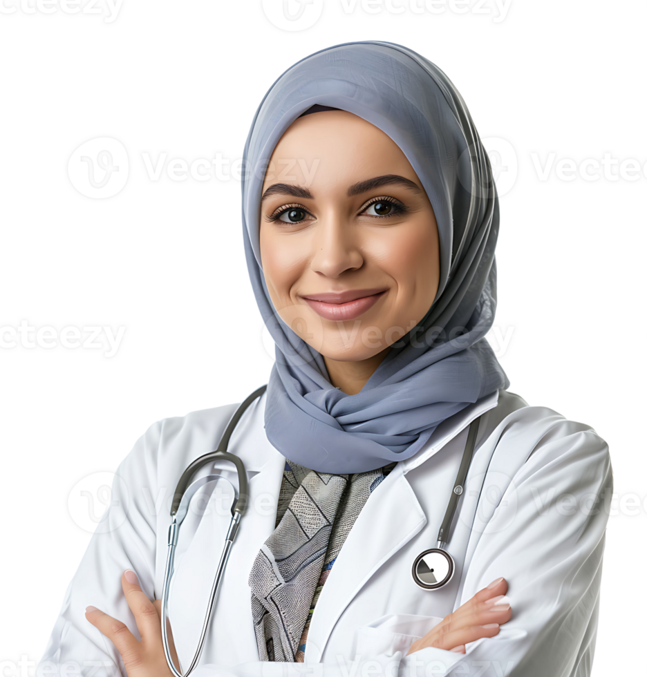 Smiling muslim female doctor in white coat with hijab on isolated transparent background png