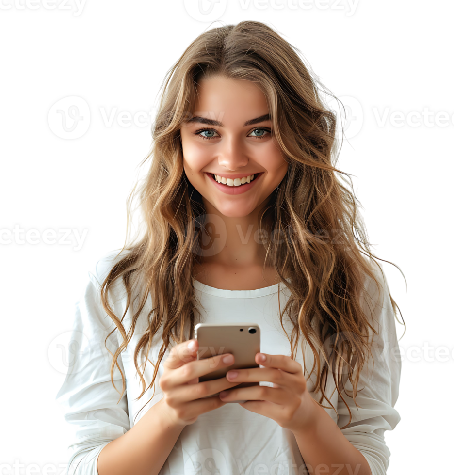 Smiling young woman using smart phone on isolated transparent background png