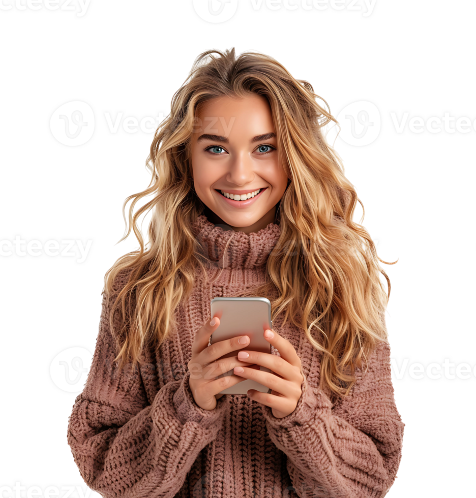Smiling young woman using smart phone on isolated transparent background png