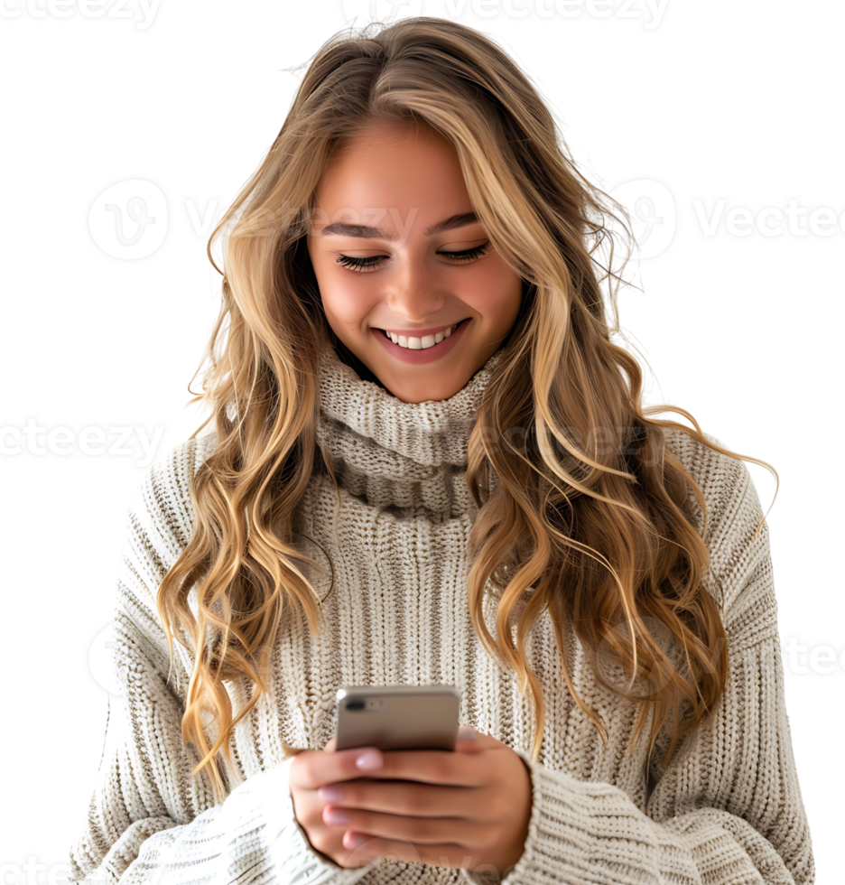 Smiling young woman using smart phone on isolated transparent background png