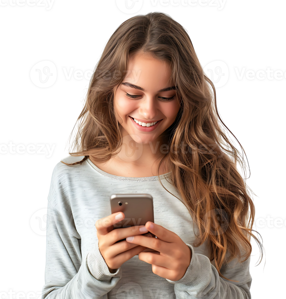 Smiling young woman using smart phone on isolated transparent background png