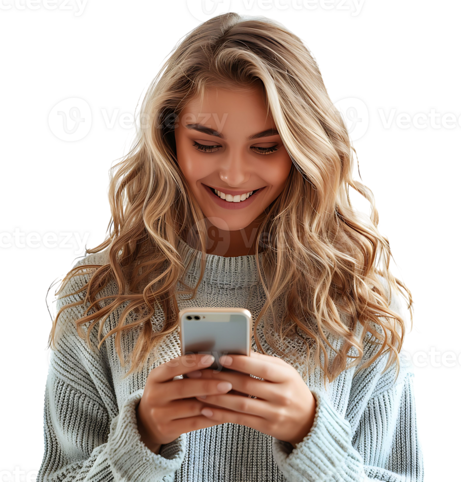 Smiling young woman using smart phone on isolated transparent background png