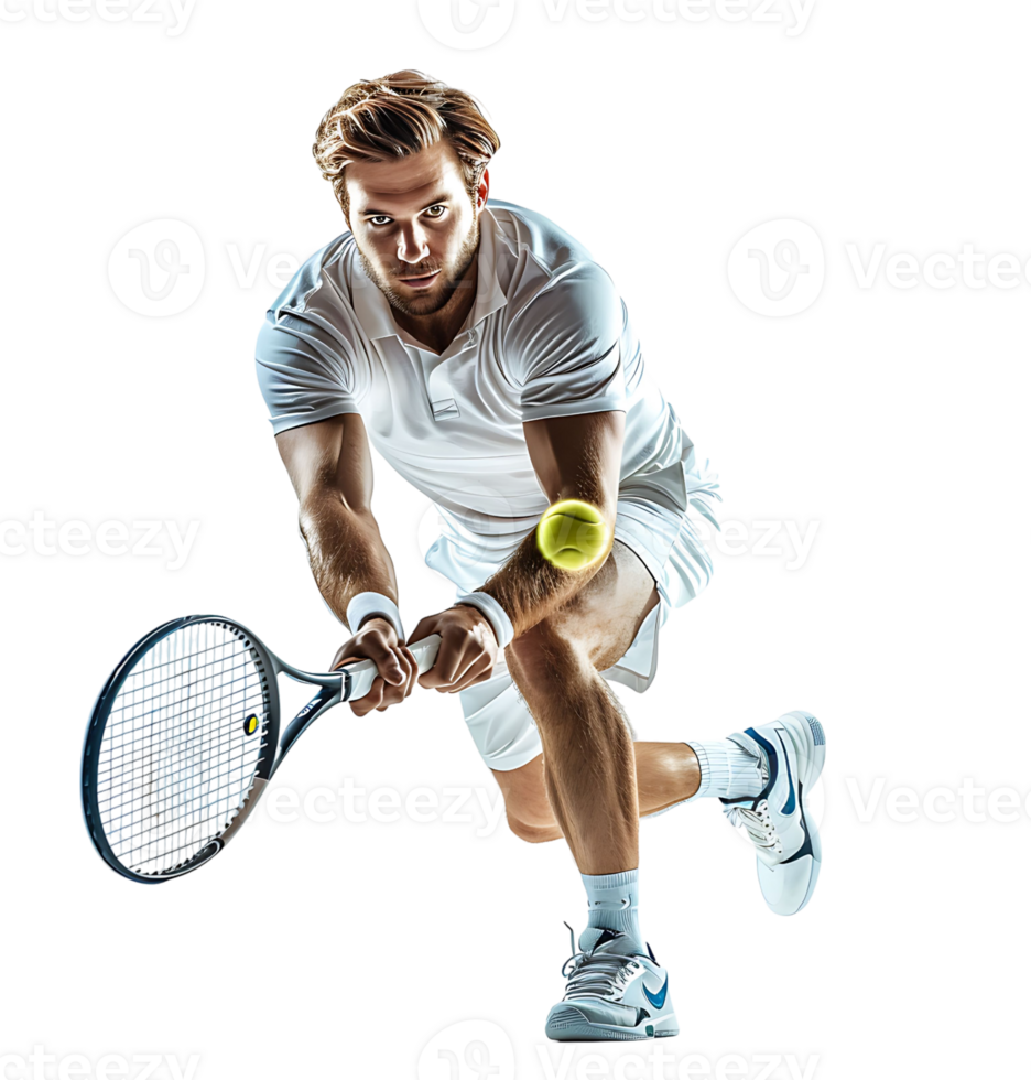 Man playing tennis on isolated transparent background png