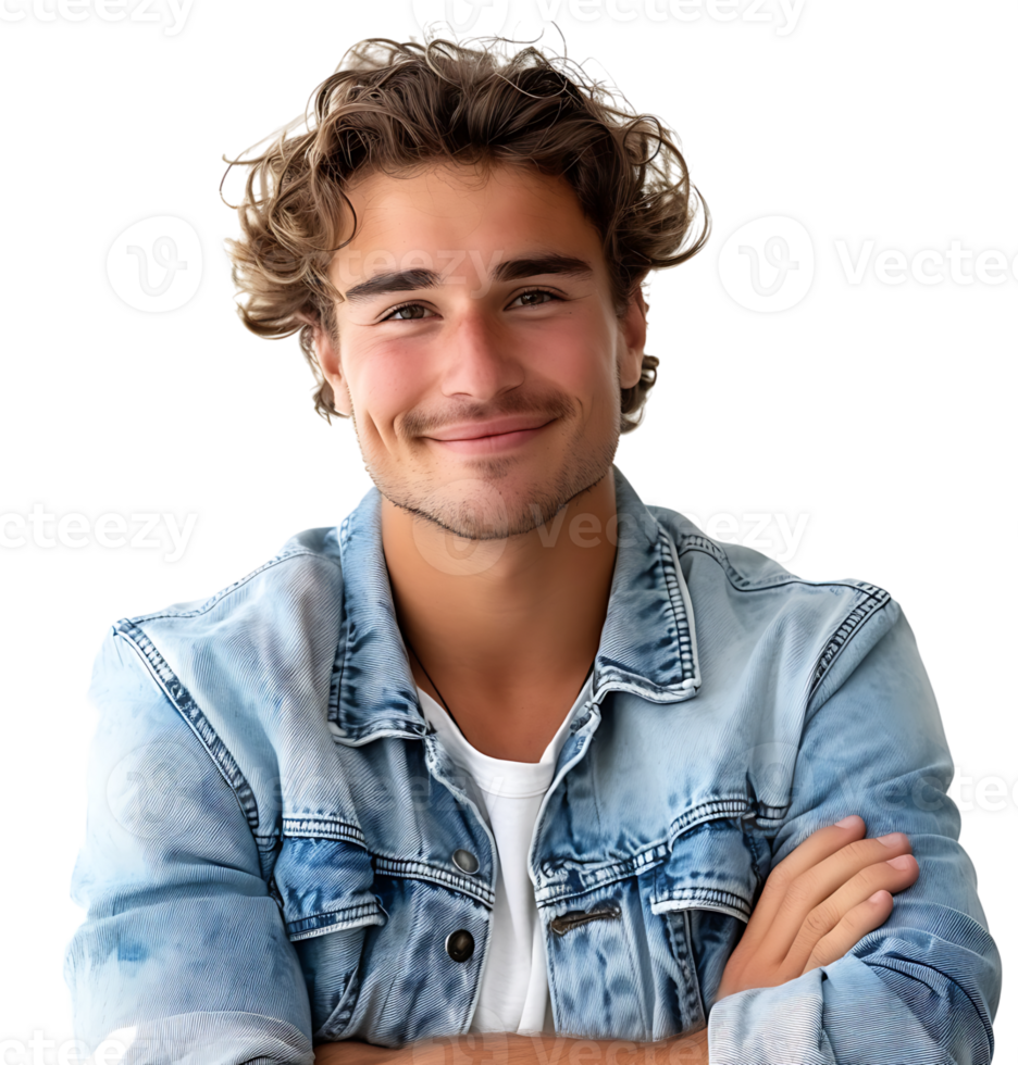 young man in denim jacket smiling looking at camera on isolated transparent background png