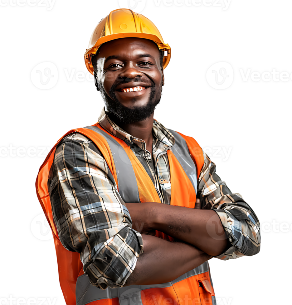 Happy African Builder Standing Pleased Posing on isolated transparent background png