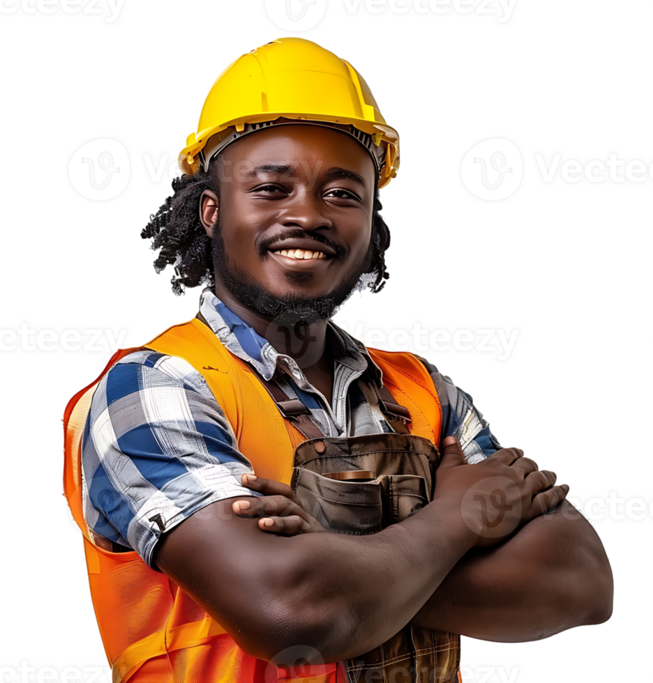 Happy African Builder Standing Pleased Posing on isolated transparent background png