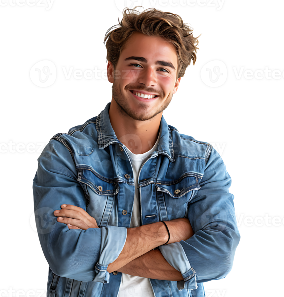 young man in denim jacket smiling looking at camera on isolated transparent background png