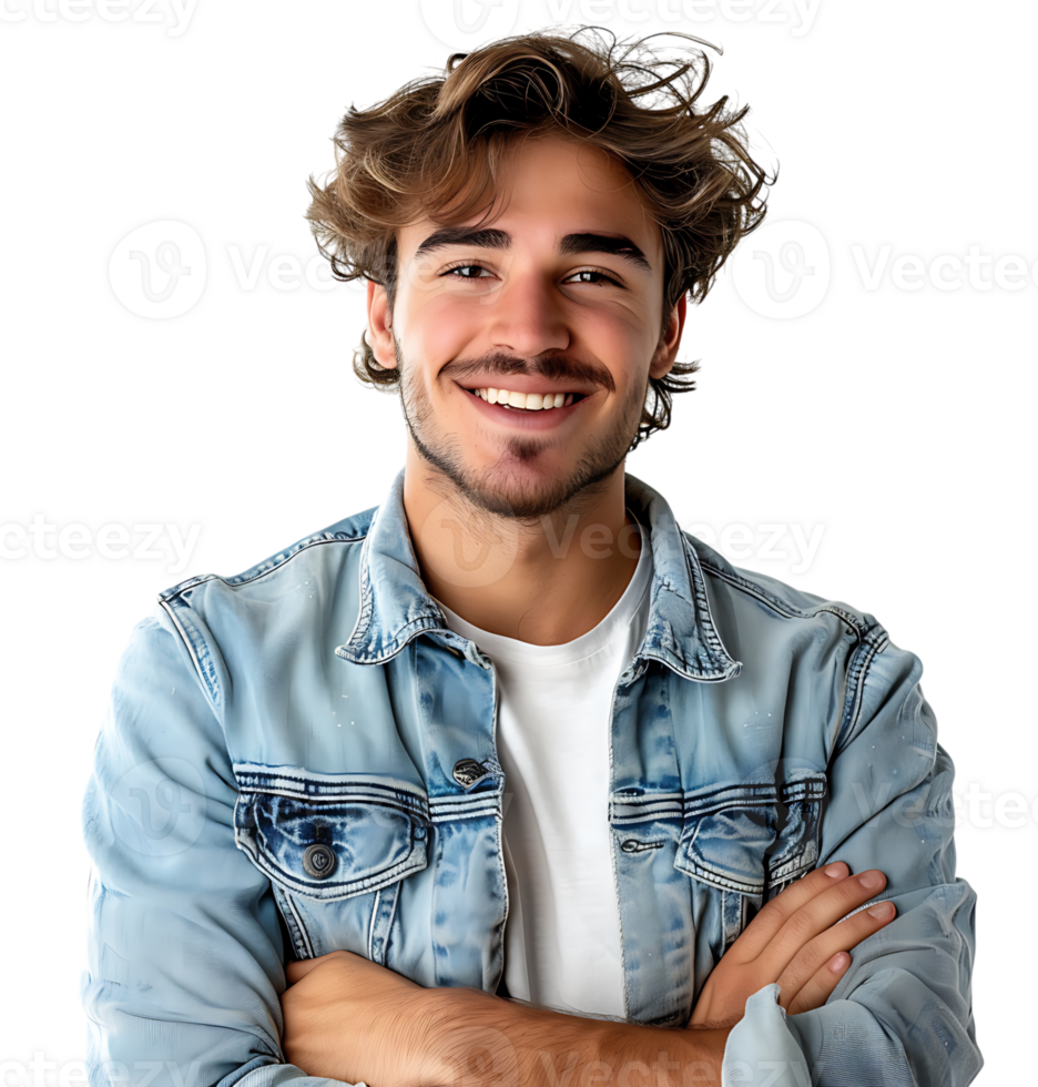 young man in denim jacket smiling looking at camera on isolated transparent background png