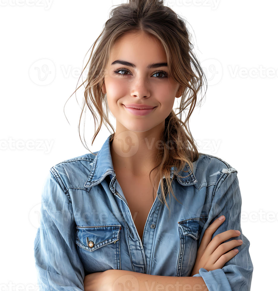 young woman in denim jacket smiling looking at camera on isolated transparent background png