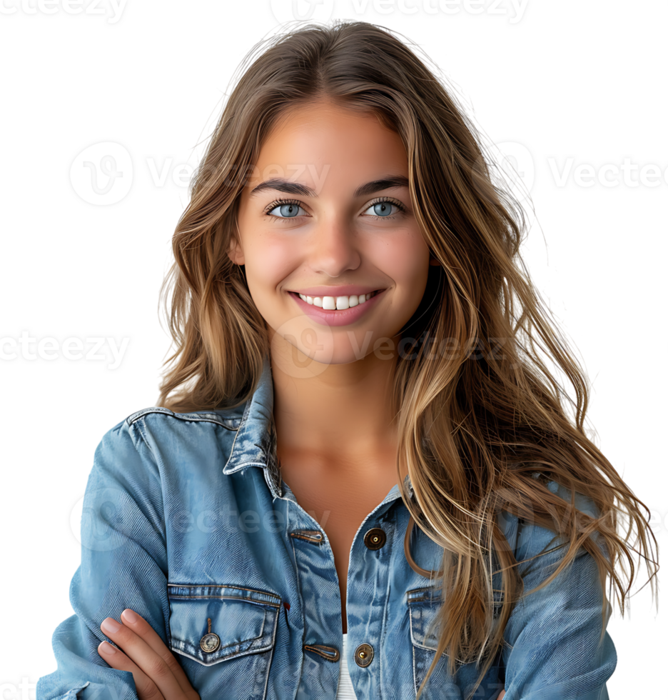 young woman in denim jacket smiling looking at camera on isolated transparent background png