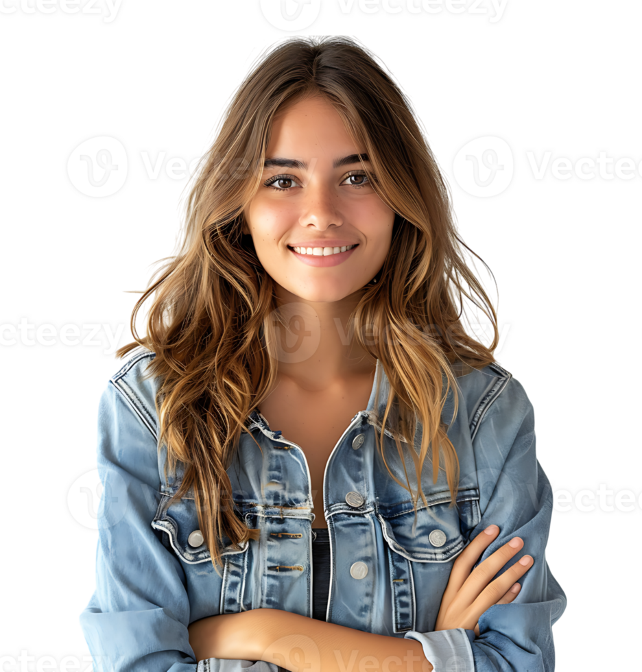 young woman in denim jacket smiling looking at camera on isolated transparent background png