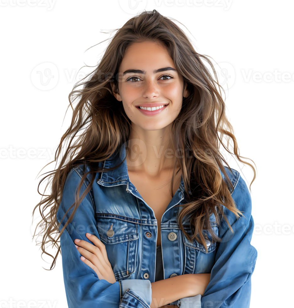 young woman in denim jacket smiling looking at camera on isolated transparent background png