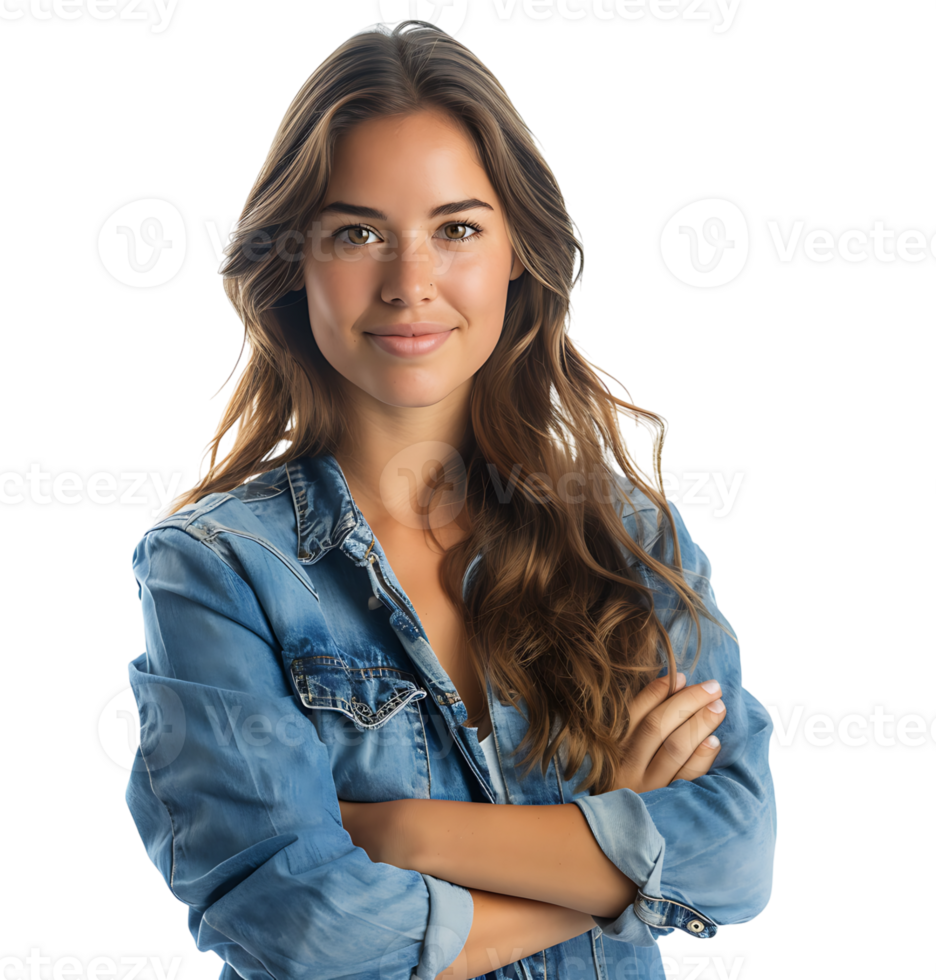 Jeune femme dans denim veste souriant à la recherche à caméra sur isolé transparent Contexte png