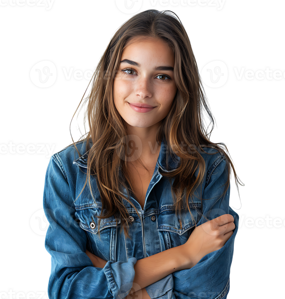young woman in denim jacket smiling looking at camera on isolated transparent background png