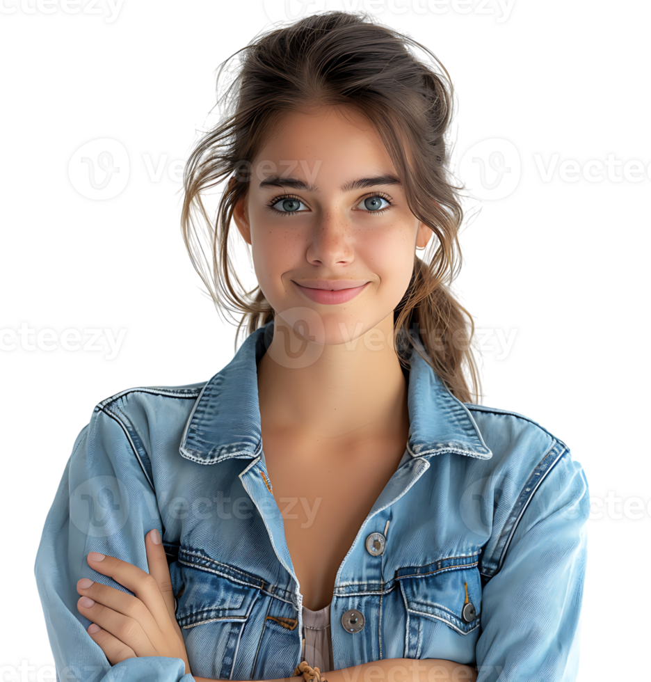 Jeune femme dans denim veste souriant à la recherche à caméra sur isolé transparent Contexte png