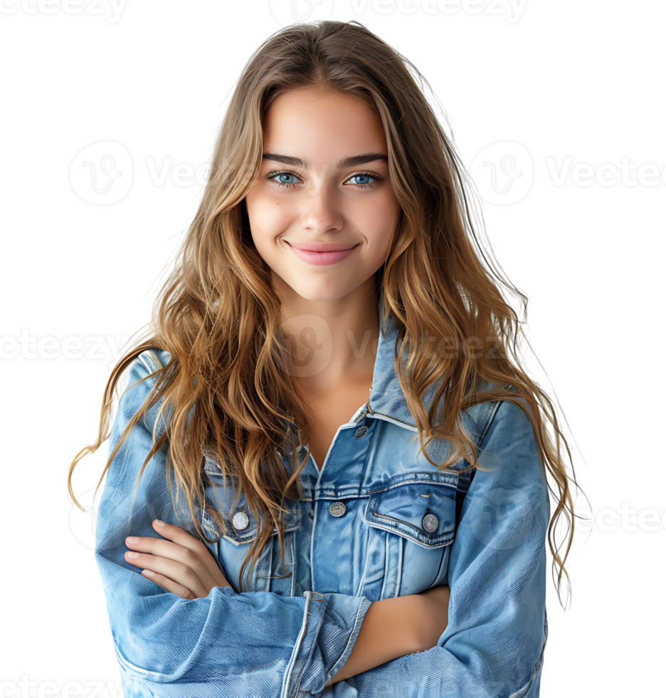 young woman in denim jacket smiling looking at camera on isolated transparent background png