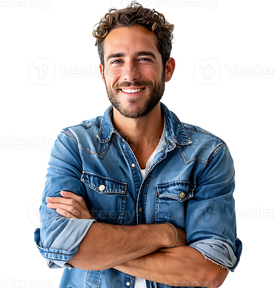 young man in denim jacket smiling looking at camera on isolated transparent background png
