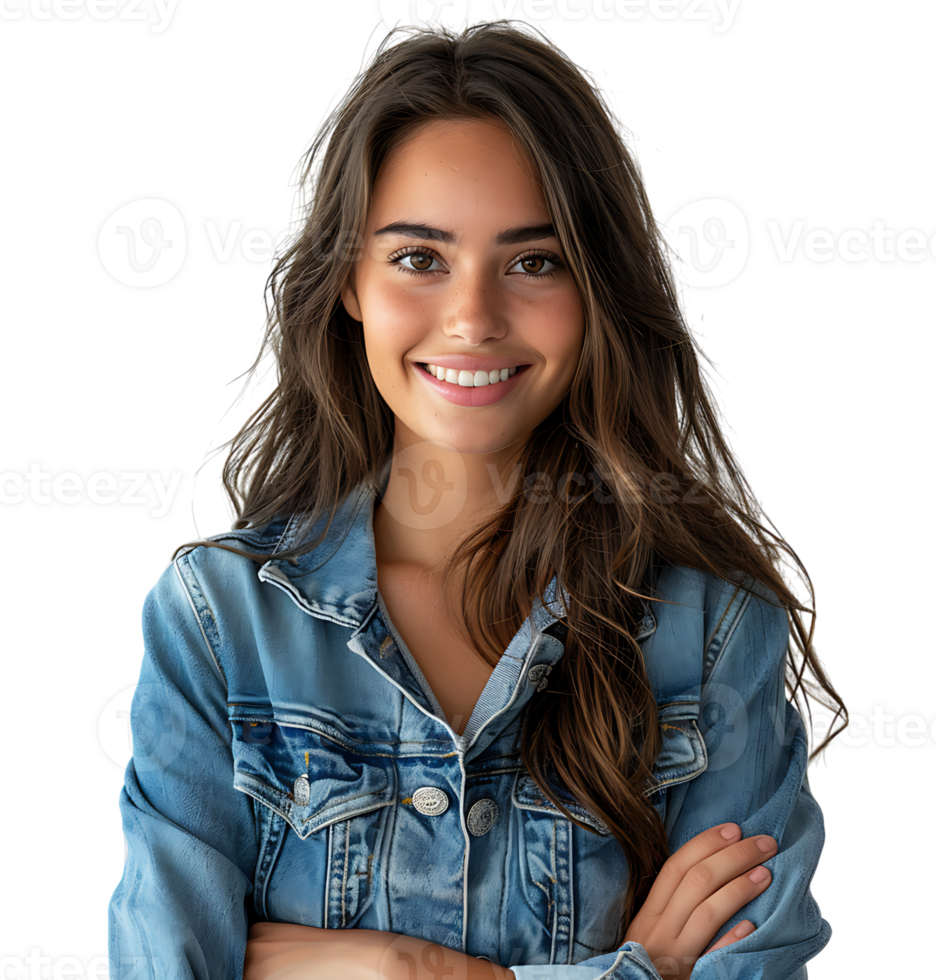 young woman in denim jacket smiling looking at camera on isolated transparent background png
