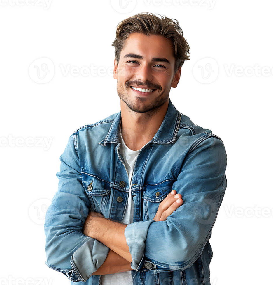 young man in denim jacket smiling looking at camera on isolated transparent background png