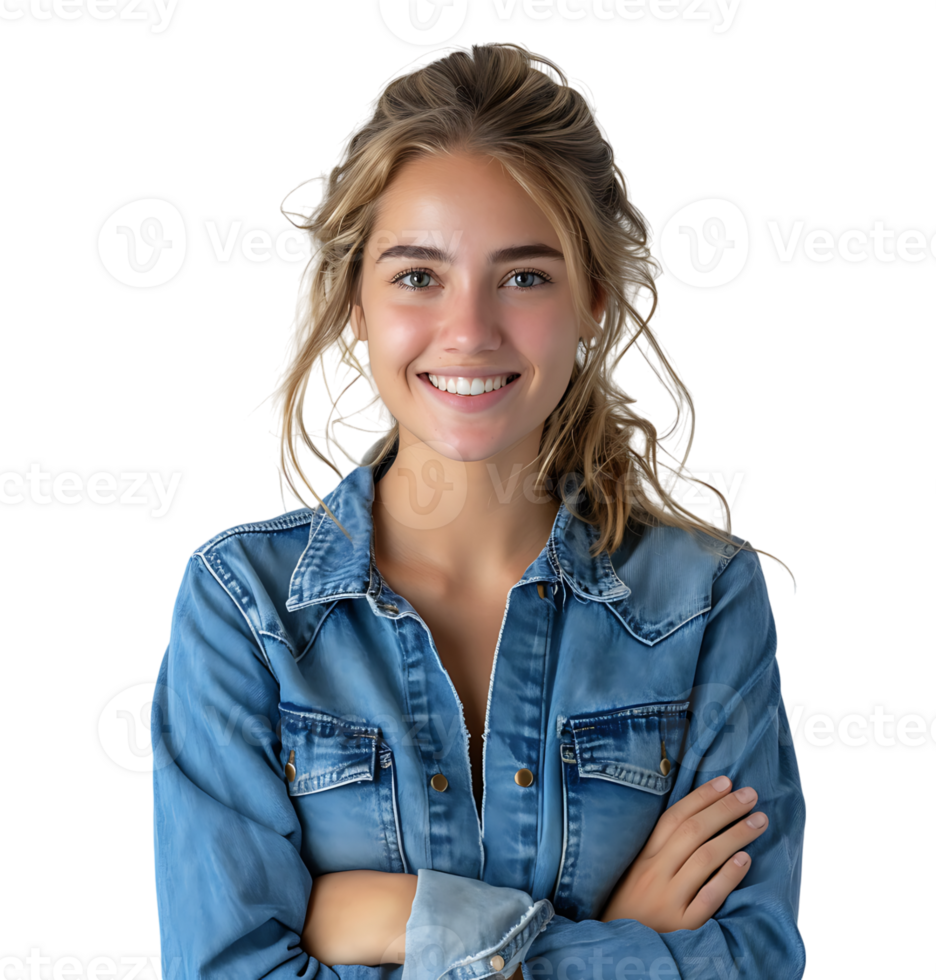 young woman in denim jacket smiling looking at camera on isolated transparent background png