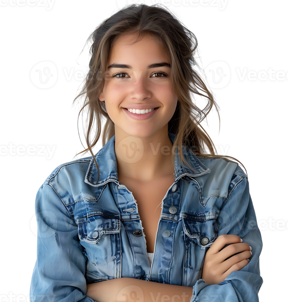 young woman in denim jacket smiling looking at camera on isolated transparent background png