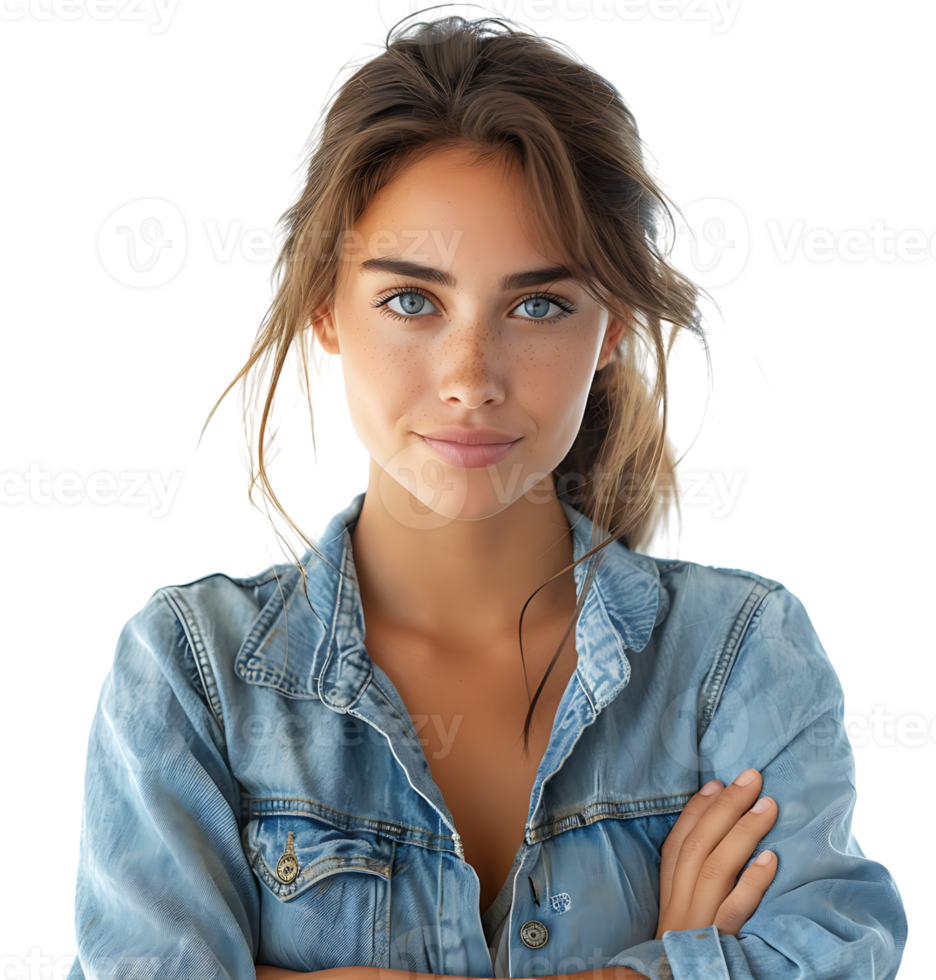 young woman in denim jacket smiling looking at camera on isolated transparent background png