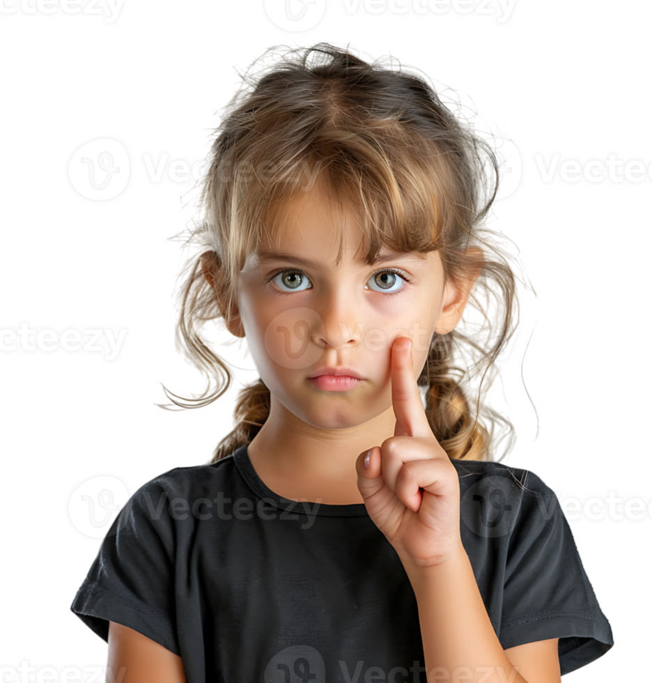 Girl raises finger up Attention please on isolated transparent background png