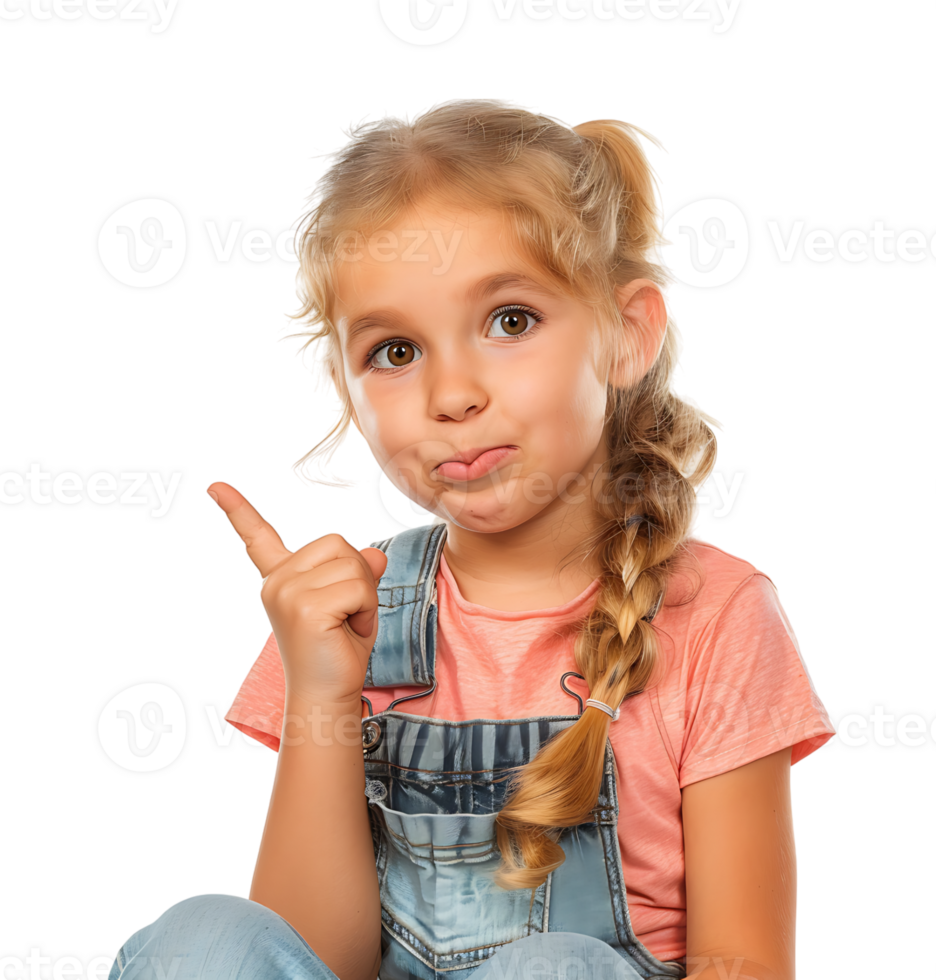 Girl raises finger up Attention please on isolated transparent background png