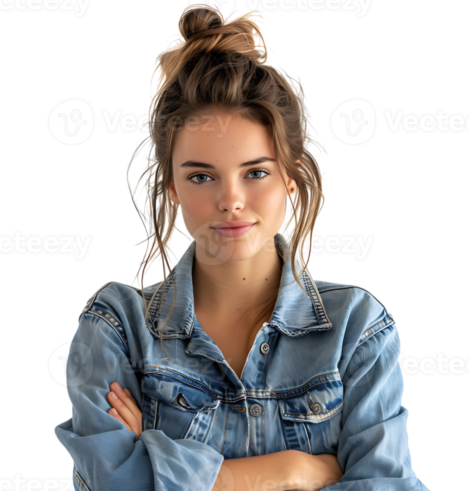 young woman in denim jacket smiling looking at camera on isolated transparent background png