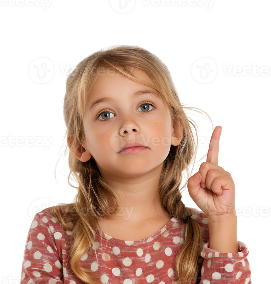 Girl raises finger up Attention please on isolated transparent background png