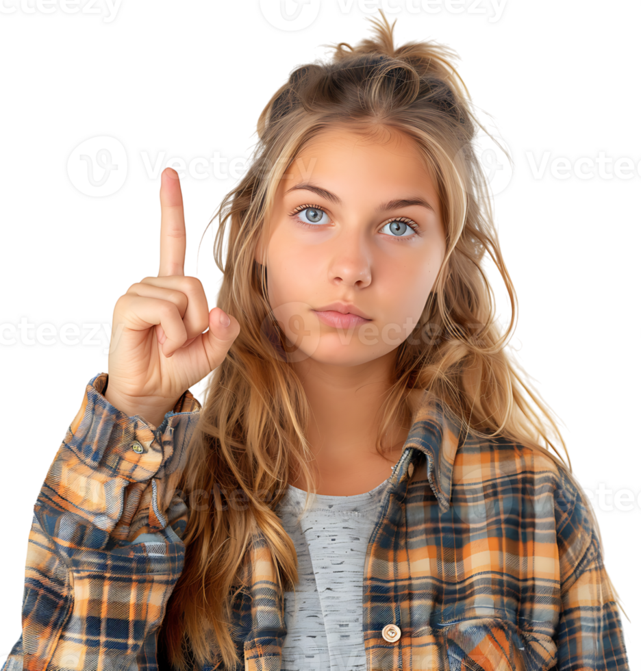 Girl raises finger up Attention please on isolated transparent background png