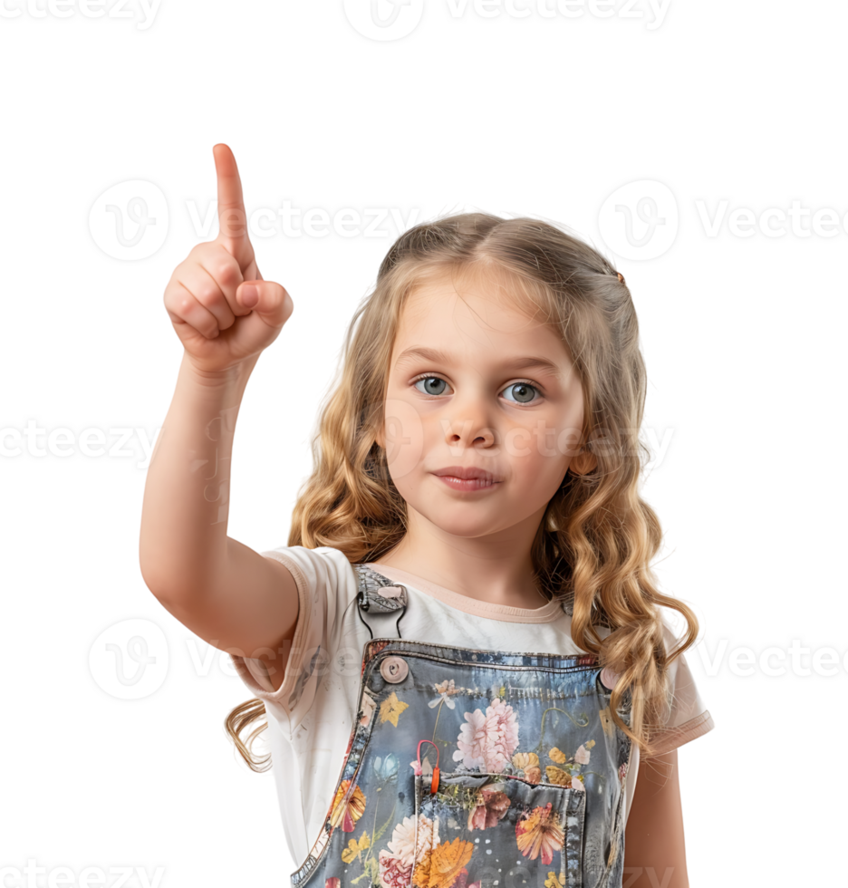 Girl raises finger up Attention please on isolated transparent background png