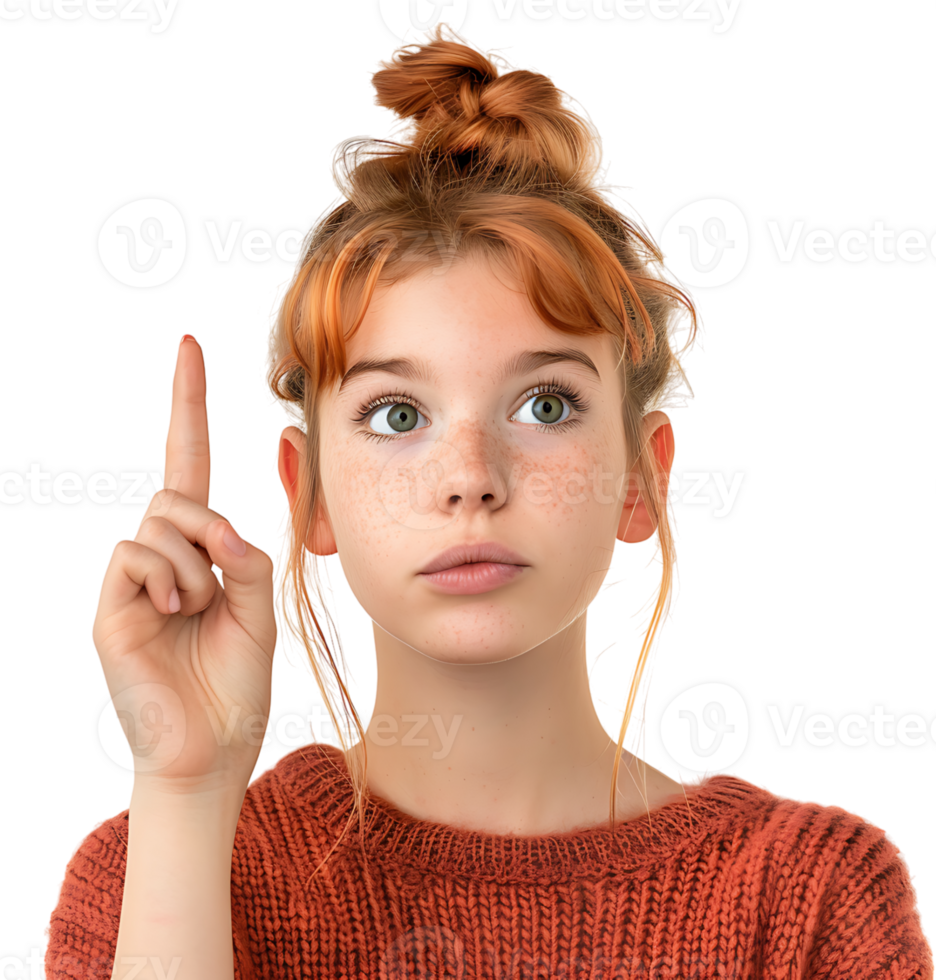Girl raises finger up Attention please on isolated transparent background png