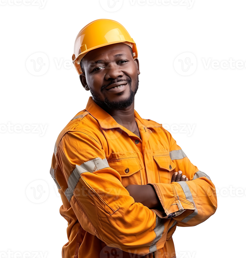 contento africano constructor en pie satisfecho posando en aislado transparente antecedentes png