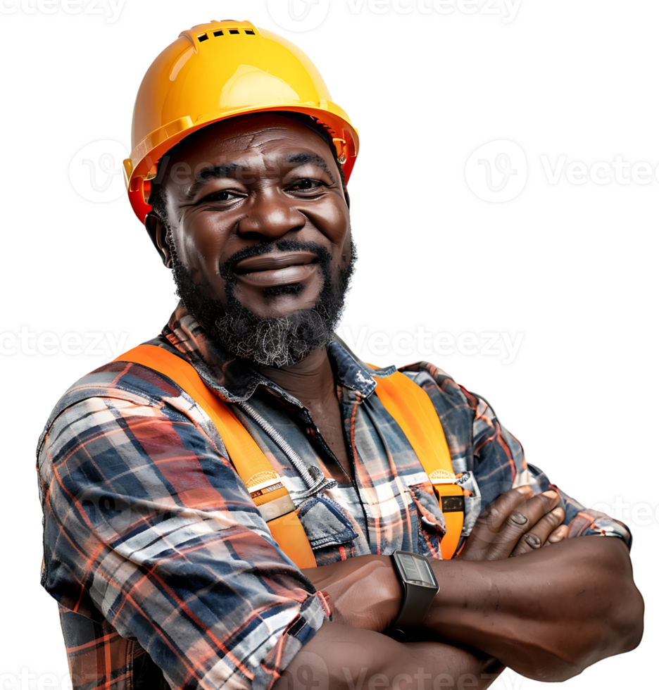 contento africano constructor en pie satisfecho posando en aislado transparente antecedentes png