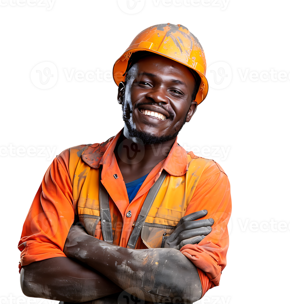 Happy African Builder Standing Pleased Posing on isolated transparent background png