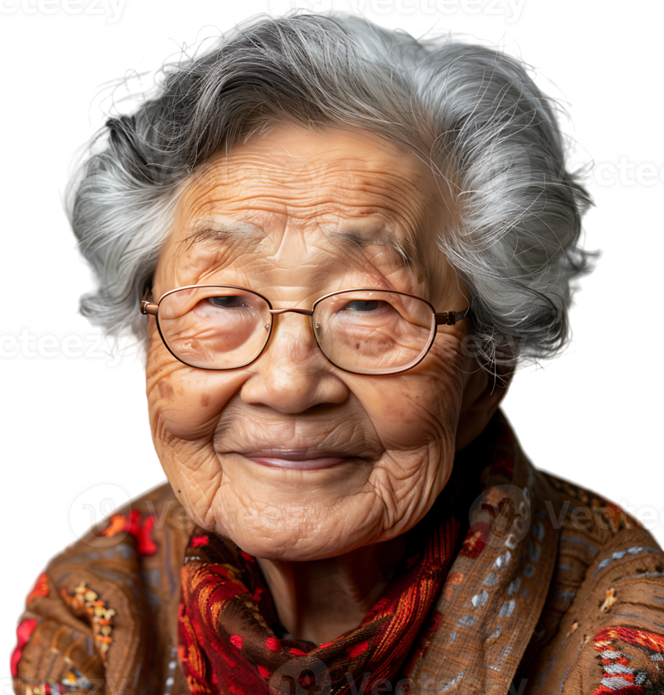 Old korean woman smiling and gesturing on isolated transparent background png