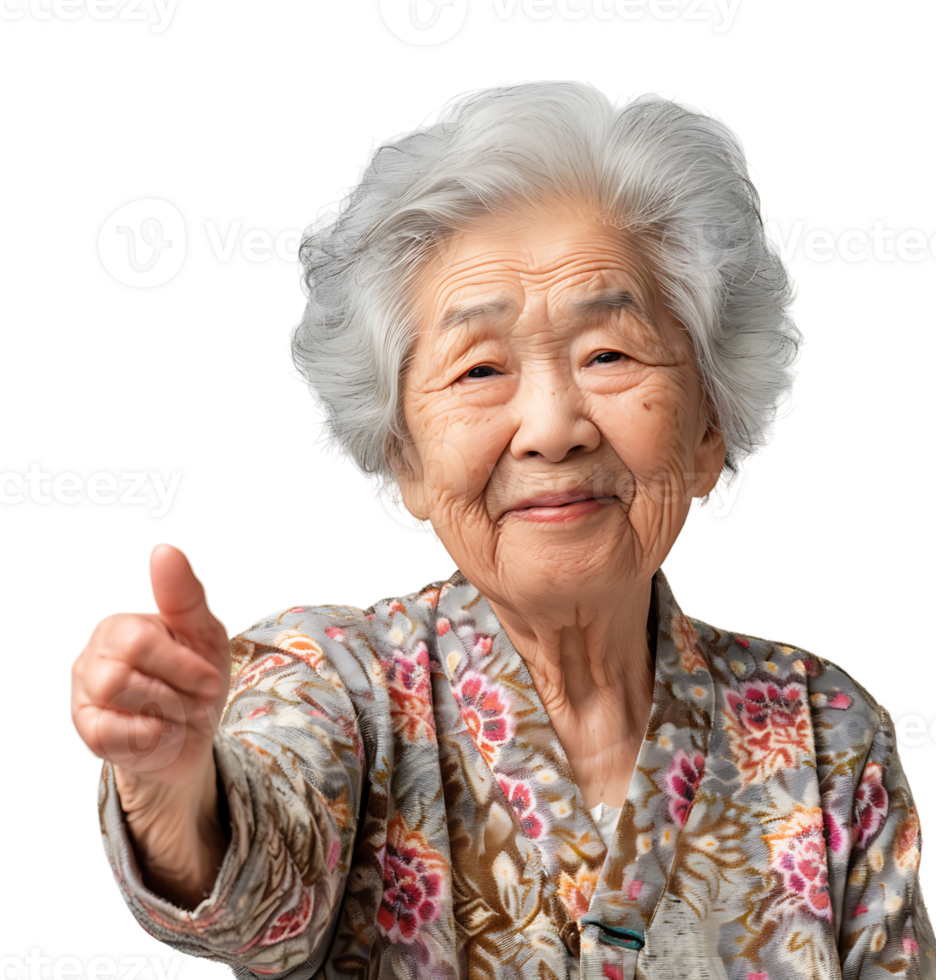 Old korean woman smiling and gesturing on isolated transparent background png
