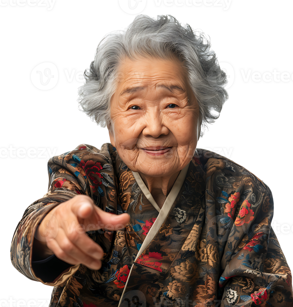 Old korean woman smiling and gesturing on isolated transparent background png